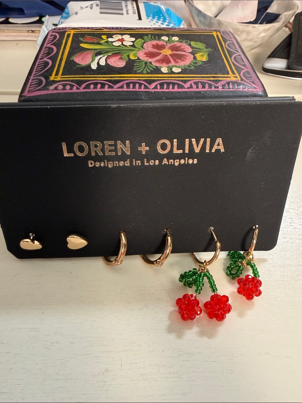 Gold Hoop Earrings with Red Beaded Cherry Dangles
